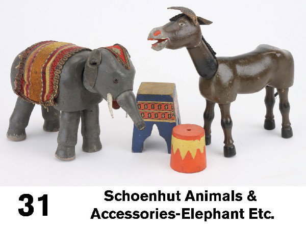 Schoenhut Animals & Accessories-Elephant Etc.: included are glass eyed elephant with leather ears, tusks and trunk tip (incomplete) retaining blanket, painted eye open mouth burro with leather ears and rope tail, and 2 painted wood accessories wit