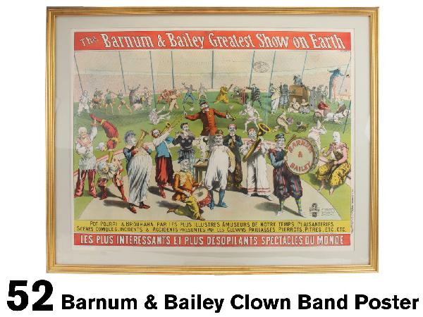 Barnum & Bailey Clown Band Poster: this chromolithograph poster printed by Courmant Freres - Paris depicts a 9 man clown band surrounded by numerous clowns performing all manner of tricks and stunts including a clown baseball game, a v