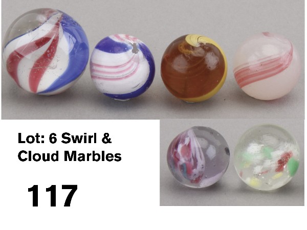 Lot: 6 Swirl & Cloud Marbles: circa 1880-1900, German glass includes 11/16" semi-opaque swirl with a wide surface of soft red, 5/8" peppermint swirl with wide blue and narrow pink swirls, two pontils (surface flaking and pitting),