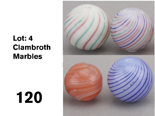Lot: 4 Clambroth Marbles: circa 1880-90, German glass includes 3/4" blue and white swirl with two pontils (one round surface moon, some tiny pitting), 3/4" tri-color pattern in blue, pink and green swirls, two pontils, uncommo