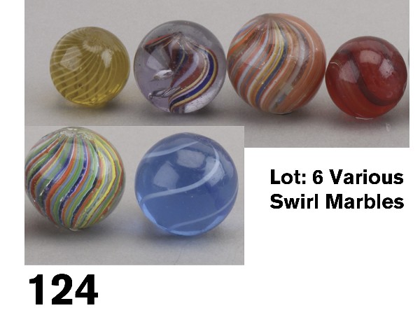 Lot: 6 Various Swirl Marbles: circa 1880-90, German glass includes 15/16" banded transparent swirl in medium blue, 7/8" Joseph's coat multicolor swirl, 15/16" Joseph's coat with precision banding in multicolor swirls, 11/16" uncom