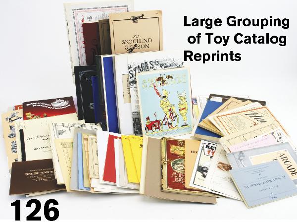 Large Grouping of Toy Catalog Reprints: over 75 different toy catalog reprints of manufacturers such as Schoenhut, Steiff, McLoughlin, Crandall, Hubley, Ives, Gong Bell Mfg., Shiver Toy Co., Milton Bradley and many others offered with Antiq