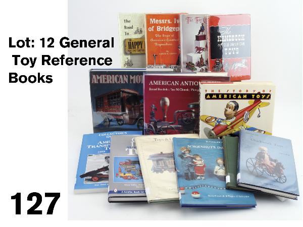 Lot: 12 General Toy Reference Books: included are 11 hard cover books including American Motor Toys by Gottschalk, American Clockwork Toys by Whitton, Toys & Games by the Cooper-Hewitt museum, Schoenhut Dolls, Toys and Circus by Buser, C