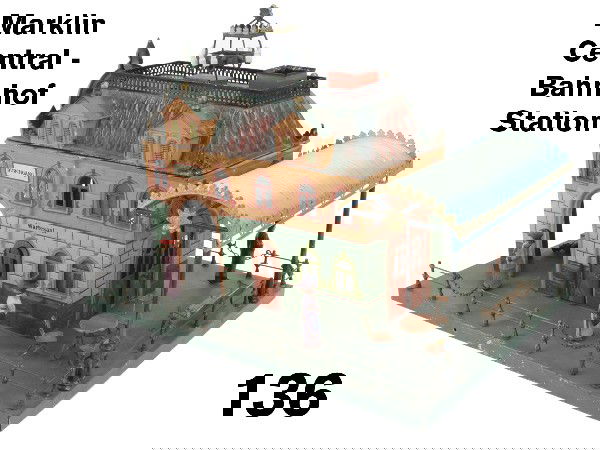 Marklin Central - Bahnhof Station: hand painted station with fully outfitted, candlelit interior with table, chairs and benches; this beautiful station is further complimented by etched and stained glass windows, 3 arches on 1 side she