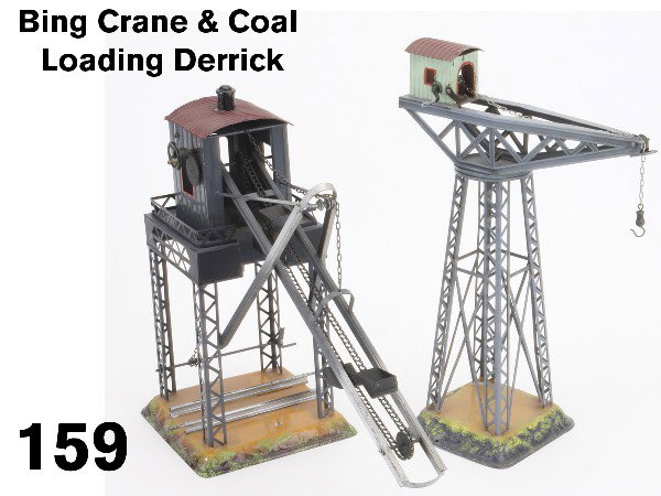 Bing Crane & Coal Loading Derrick: hand operated painted tin train accessories, included is an O gauge coal crane with conveyor and a gantry crane Size: crane 14" t.