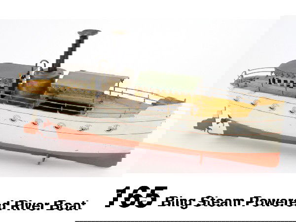 Bing Steam Powered River Boat: enameled tin plate powered by spirit fired steam engine, canopy and cabin with embossed floral tin valences remove for access to engine and boiler, a charming German river craft Size: 18.25" l. x 8.75