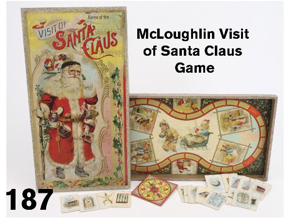 McLoughlin Visit of Santa Claus Game: this is one of the rarest Christmas games as well the most graphically exciting, the strong vertical image of Santa with an overflowing pack of toys on his back and a variety of playthings hanging fro
