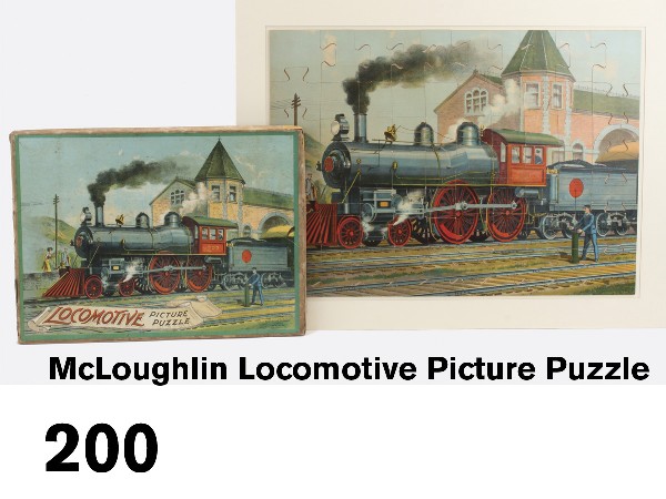 McLoughlin Locomotive Picture Puzzle: typical state-of-the-art brilliant chromolithography is seen in the wonderful image of a circa 1900 locomotive leaving a station, with original colorful box, puzzle is mounted and matted Size: puzzle 