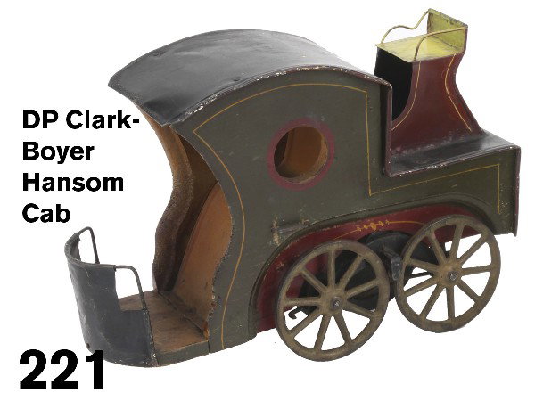 DP Clark-Boyer Hansom Cab: painted tin and wood with cast iron inertia drive, 1897 patent date impressed in wood base, a very fine example Size: 11.25" l. x 7.75" t.