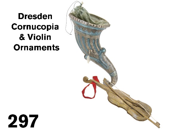 Dresden Cornucopia & Violin Ornaments: German, circa 1880-1910, embossed and painted cardboard group includes candy container cornucopia (damage to silk closure) and violin with bow Size: cornucopia 4.25" l.