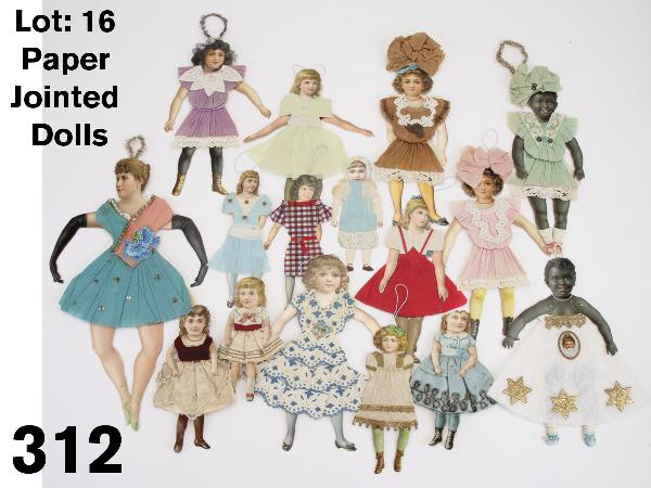 Lot: 16 Paper Jointed Dolls: circa 1910, grouping of lithographed paper dolls in handmade clothing includes large jointed ballerina in blue and pink crepe dress with sequins, 3 smaller non-jointed dolls in fabric and lace dresses