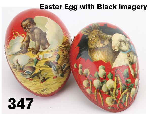 Easter Egg with Black Imagery: German, papier mache with lithographed paper images Size: 5.5" l.