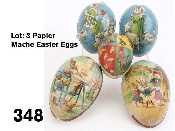 Lot: 3 Papier Mache Easter Eggs: Germany, brightly covered eggs with various lithographed images of rabbits, geese, chicks etc. Size: largest 4.5" l.