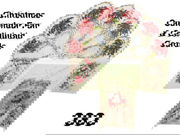 Christmas Calendar Fan & Celluloid Cards: circa 1910-20, grouping includes 6 panel 1910 lithographed and die cut fan with poinsettias, a fold out card that opens to 2 child angels ringing a set of bells that hang between the back 2 layers, a