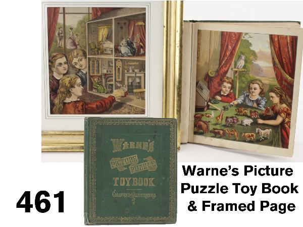 Warne's Picture Puzzle Toy Book & Framed Page: a charming activity book published by Frederick Warne & Co. in London - this example is inscribed in pencil as a gift on February 5, 1902; the book is comprised of 24 chromolithographed pages which we