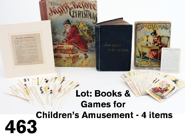 Lot:4 Books & Games for Children's Amusement: includes 2 games: "Spellicans" a pick-up sticks game with bone (some polychromed) 'sticks' in various shapes - birds, tools, people, etc. along with instruction sheet; McLoughlin's "Merry Game of Old 