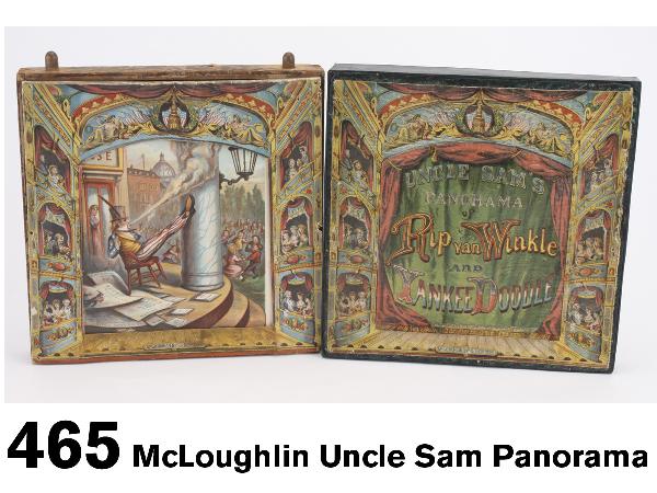 McLoughlin Uncle Sam Panorama: colorful lithographed paper on wood panorama scroll toy, 6 colorful cartoon images of Uncle Sam by Thomas Nast, the paper scroll is in excellent condition but colorful proscenium has some damage, the