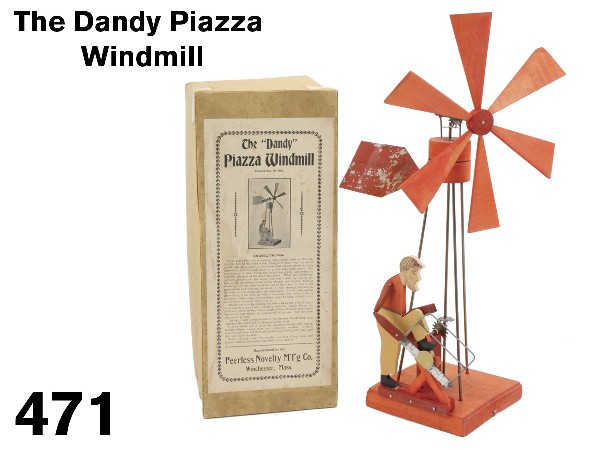 The Dandy Piazza Windmill: an unusual manufactured whirligig of stained and printed wood with metal components, made by the Peerless Novelty Mfg. Co. of Winchester, Mass., in illustrative original box, marked Patent 1902, obvio