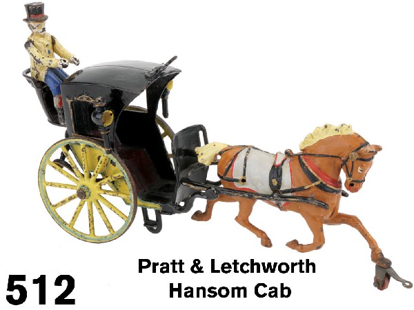 Pratt & Letchworth Hansom Cab: painted cast iron, a very fine example of a classic American toy depicting the ubiquitous city transport vehicle of the late nineteenth century, retains great paint and strong color Size: 13.5" l.