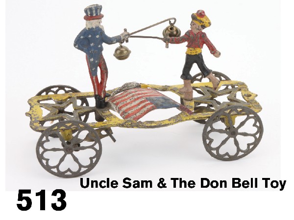 Uncle Sam & The Don Bell Toy: painted cast iron animated bell toy by Gong Bell, a scarce political theme toy dating from the Spanish-American War era, complex casting: along with the title of the toy in raised letters around the c