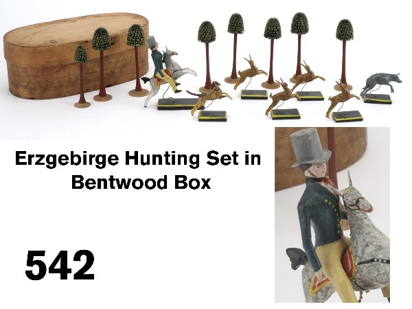 Erzgebirge Hunting Set in Bentwood Box: 14 piece painted wood hunting set in original lidded wood box, this exceptional and charming set is typical of the complex multi-piece toys made in the Erzgebirge region of Germany in the 19th century