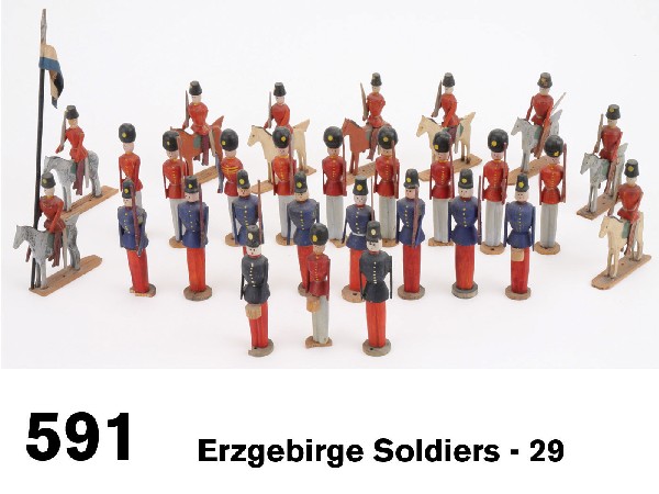 Erzgebirge Soldiers - 29: painted wood includes 20 standing soldiers on plain wood bases, includes 3 drummers and others mostly with rifles, 10 in red with beefeater type hats, 8 with blue jackets and two in black; along with 