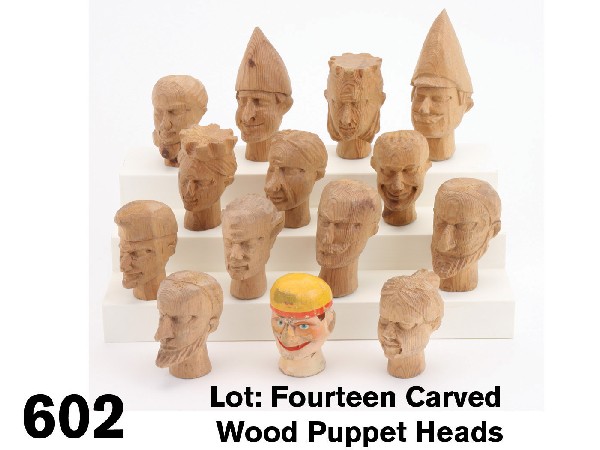 Lot: Fourteen Carved Wood Puppet Heads: one is painted while the rest are rough carved as found - awaiting sanding and finishing by the workers in what was often cottage industry in the Grodner Tal region in the last half of the nineteenth 