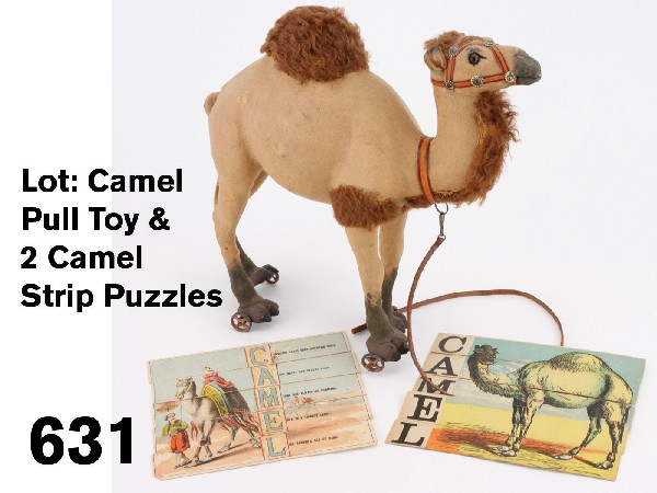 Lot: Camel Pull Toy & 2 Camel Strip Puzzles: felt covered composition (paper mache over wire armatures probably) with mohair enhancements on mane, shoulder, hump, and tail; leatherette harnessing with metal adornments, each foot has a cast metal