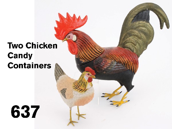 Two Chicken Candy Containers: painted paper mache with painted cast metal legs, heads remove for access to container, the larger bird is a truly awesome container with great molding and amazing color and the largest rooster candy 