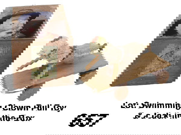 Lot: Swimming Clown Pull Toy & a Jack-in-the-Box: a cloth dressed clown with painted composition head and hinged stick arms suspended over wheeled platform - as toy is pulled his arms move in a swimming motion, offered along with a paper covered wood