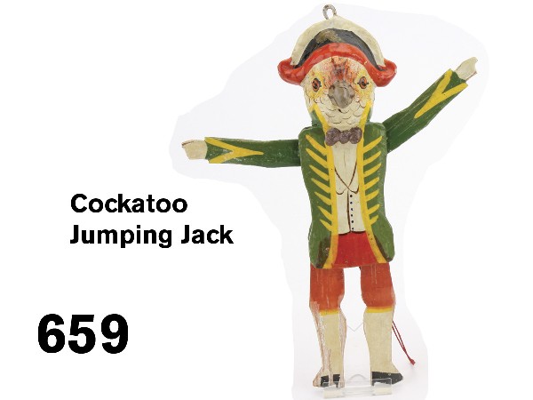 Cockatoo Jumping Jack: this charming dressed bird has a finely molded paper mache head and a flat wood body, very realistically and colorfully painted head sports a red, white, and black bicorn hat with gold insignia, pulli