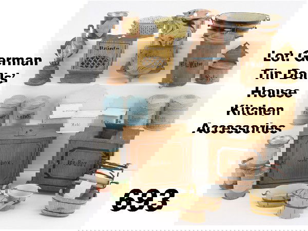 Lot: German Tin Dolls' House Kitchen Accessories: painted tin grouping includes Rock & Graner ice box, salt and bread boxes, hinged pierced tin basket and faux marble lavabo; also included are pieces that have been attributed to Marklin, but have no