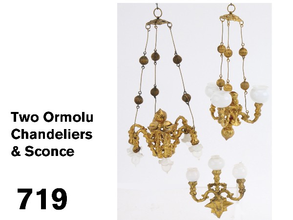 Two Ormolu Chandeliers & Sconce: 6 arm electric style chandelier with glass bulbs and petal shades and 3 arm gas style light and 3 arm sconce, all made by Erhard & Sohne, these items were also marketed by Marklin Size: larger 3.25" d