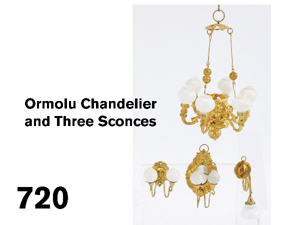Ormolu Chandelier and Three Sconces: 6 arm gas light chandelier, double arm sconce with lion's head backing, double arm sconce with mirror and single arm electric style sconce; made by Erhard & Sohne, these items were also marketed by Ma