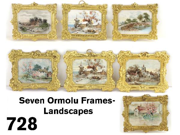 Seven Ormolu Frames- Landscapes: ornate rectangular frames with various original and period prints made by Erhard & Sohne Size: appr. 3.5" x 2.75" ea.