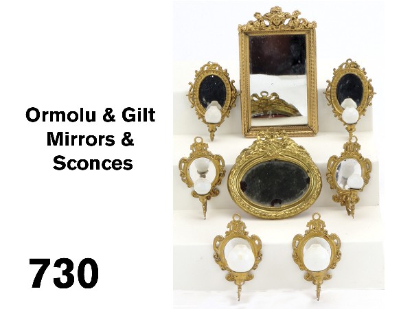 Ormolu & Gilt Mirrors & Sconces: oval and rectangular mirrors with 6 mirror backed sconces, 2 are matching design (original top decorations incomplete), and 4 are another style with 2 different size globes Size: larger mirror 2.25" x