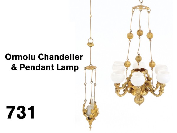 Ormolu Chandelier & Pendant Lamp: 6 arm gas chandelier and oil pendant lamp (globe appears to be incorrect proportion for this light); these classic dolls' house chandeliers were made by Erhard & Sohne and were also marketed by Markli