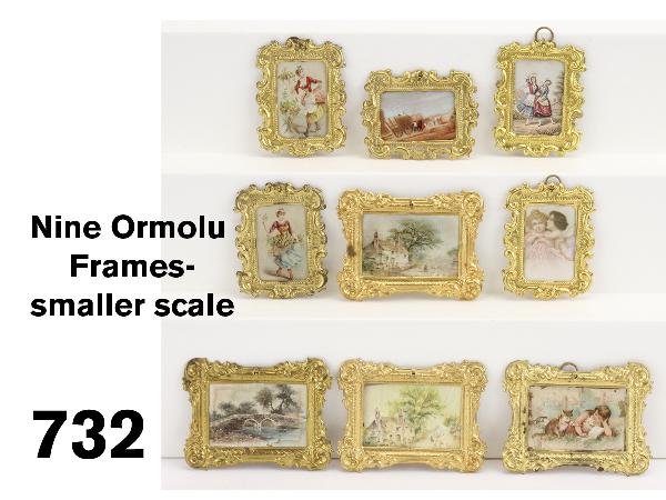 Nine Ormolu Frames-smaller scale: ornate smaller scale frames with various period and original prints made by Erhard & Sohne Size: 1.75" x 2.25" and 2.75" x 2.25"