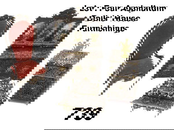 Lot : Four Asphaltum Dolls' House Furnishings: filigree soft metal grouping includes mirrored breakfront with shelf with attached clock and vases, side table with opening door and attached lamp, hanging 2 tier wall shelf and arm chair in red velve