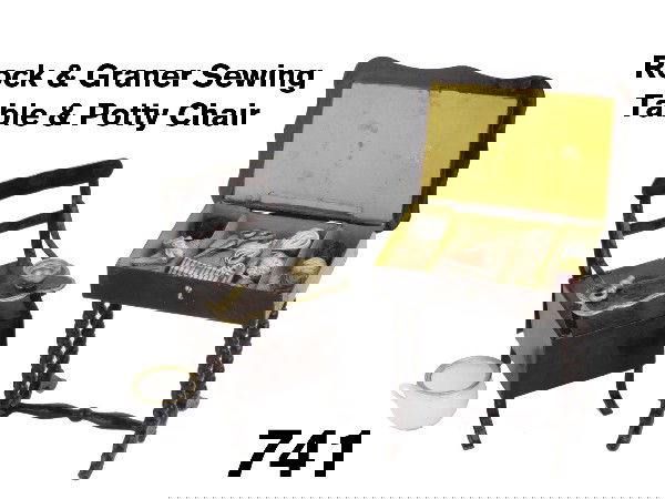 Rock & Graner Sewing Table & Potty Chair: painted tin grouping includes sewing table with hinged lid that opens to compartment interior with various miniature sewing supplies and child's potty chair with attached rattle and bowl and hinged op