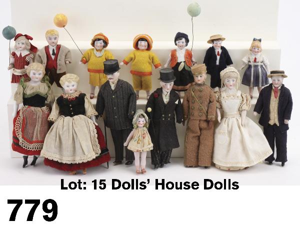 Lot: 15 Dolls' House Dolls: painted bisque and porcelain grouping includes 3 little boys, 6 little girls, 2 larger scale young girls, lady in maid's uniform and 4 men-2 outfitted in formal attire with top hats, 1 older grandfath