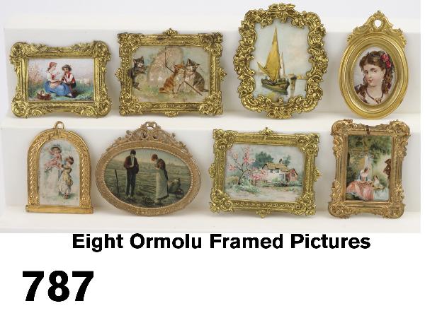 Eight Ormolu Framed Pictures: elaborate embossed ormolu and gold toned framed miniature lithographed pictures Size: largest