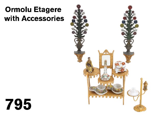 Ormolu Etagere with Accessories: multi tier shelf with mirror and student lamp both by Erhard & Sohne and also marketed by Marklin offered with 2 Limoges cup and side saucer plates, lidded jar and bud vase along with 2 lead flats wit
