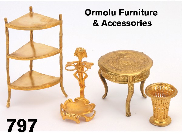 Ormolu Furniture & Accessories: grouping includes ornate embossed table, 3 shelf corner etagere, art nouveau umbrella stand (ex. Atlanta Toy Museum) and waste paper basket all made by Erhard & Sohne and were also marked by Marklin S