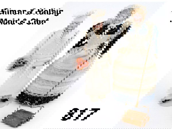 Simon & Halbig Maid & Chef: painted bisque dolls outfitted as maid and chef (both nicely redressed); the gentlemen sports mutton chop sideburns and holds a plate of donuts and the lady, a Schweitzer gilded carpet sweeper Size: a