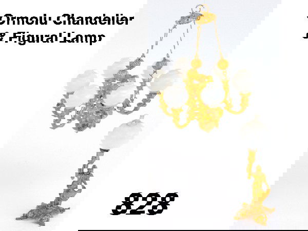 Ormolu Chandelier & Figural Lamp: 6 arm gas light chandelier and figural lamp with globe and chimney made by Erhard & Sohne, these items were also marketed by Marklin Size: chandelier 3.25" dia.