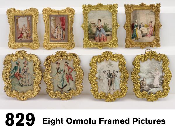 Eight Ormolu Framed Pictures: ornate embossed frames made by Erhard & Sohne including 4 in Roccoo styling featuring various scenes of couples courting, others with images of ladies and European monarchy (the latter not original to