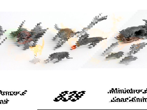 Miniature Bronze & Lead Animals: painted and cast grouping includes dog with nodder head (marked Austria) and cat chasing ball, cat with mouse in sack, cat with kitten, 2 other cats, dogs and miniature mouse along with 3 painted bisq