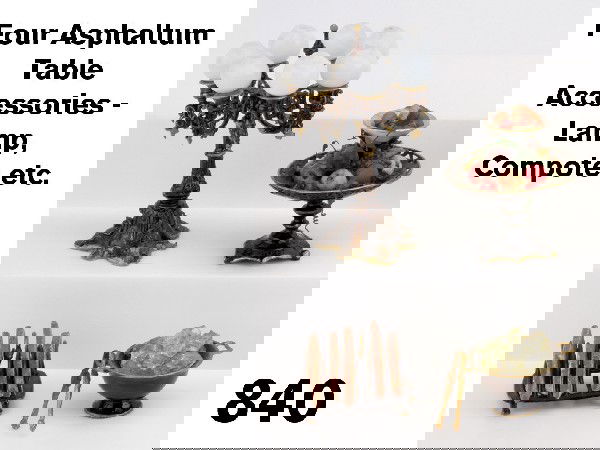 Four Asphaltum Table Accessories -Lamp, Compote et: includes 7 arm candelabra with milk glass style globes (not original to piece), compote with faux fruit and cheese, ice bowl with tongs and toast rack Size: lamp 3" t.