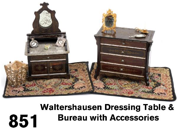 Waltershausen Dressing Table & Bureau with Accesso: rosewood tone grouping with gilt transfer decoration includes 4 drawer bureau with ormolu mirror and candle stick, marble top dressing table with French porcelain lidded pomade jar, silver tone hand m